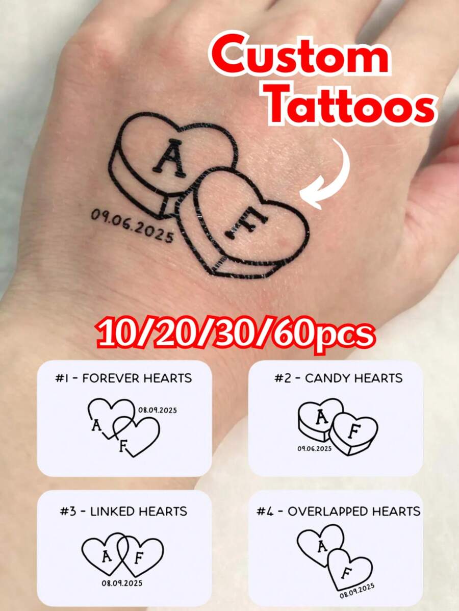 10/20/30/60pcs Customized Thin Line Abbreviation Temporary Tattoo Customization, Wedding Tattoo, Love Valentine's Day, Lover's Gift, Event Tattoo, Wedding Gift, Custom Text Heart Tattoo Sticker, Retro Heart Tattoo Sticker - Multicolor - View 1