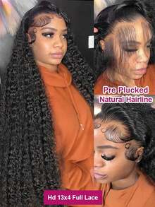 Uveous 40 Inch 250% Density Jerry Curly Full Lace Frontal Wig HD Transparent 13x4 13x6 HD Full Lace Frontal Human Hair Wigs 12A Pre Plucked With Baby Hair Deep Wave Curly Human Hair Lace Frontal Wigs For Women Full Edge Natural Hairline Halloween Season - Natural Black - View 4