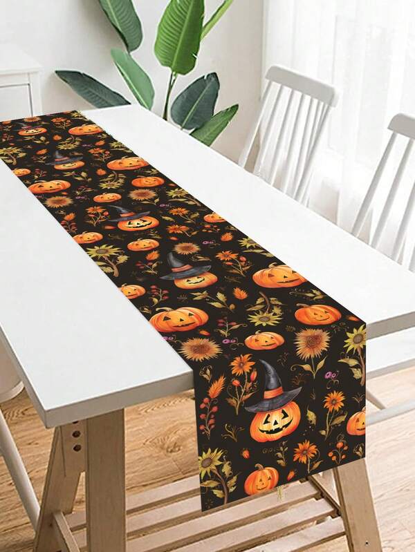 1Pc Halloween Table Runner,Happy Halloween Table Cover With Pumpkin And Flower Design,180*35cm Polyester Tablecloth,Trick Or Treat Decoration For Halloween,Happy Halloween Decorations,Halloween Party Supplies,Halloween Decorations,Home Party Decor,Dining Table Decoration,Festival Party Favors,Fall Decor,Kitchen Decor,Tabletop Decor