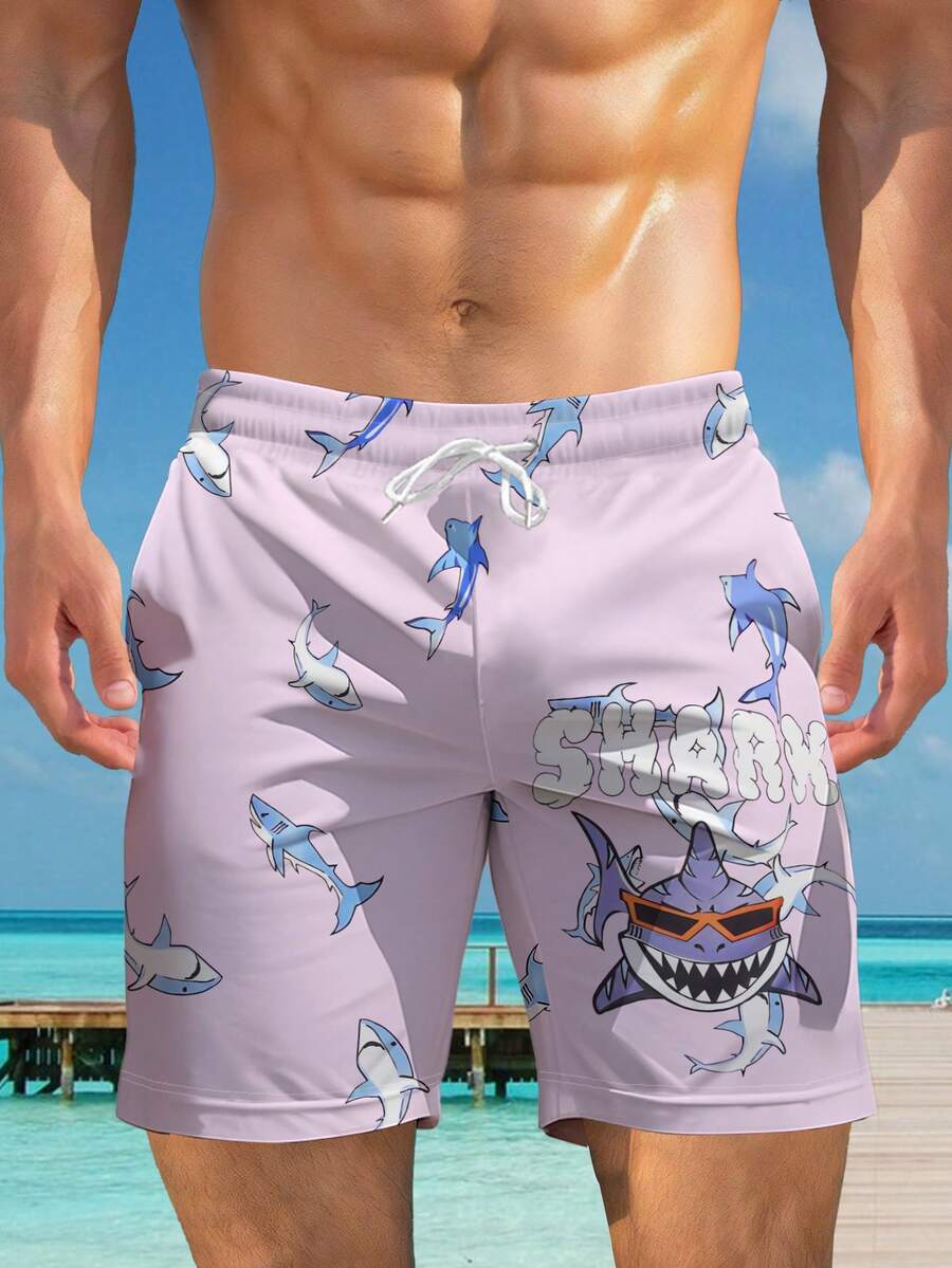 Shorts de praia casuais masculinos plus size com estampa 3D havaiana de verão - secagem rápida, cintura com cordão, perfeito para atividades ao ar livre - Multicolorido - Ver 1