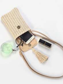 A Niche Design Straw-Woven Bag For Women In The Summer Of 2025, Featuring A Fashionable Single-Shoulder Crossbody Phone Bag And A Mini Square Woven Bag - Beige - View 8