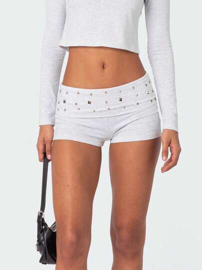 Women Y2K Studded Foldover Vintage Low Waist Slim Fit Micro Shorts