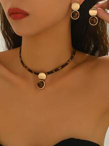 2pcs/Set Vintage Bohemian Leopard Print PU Leather Geometric Striped Round Acrylic Semi-Circle Pendant Necklace & Earrings Jewelry Set, Minimalist Daily Wear, Unique Gift Accessories - Leopard G - View 3