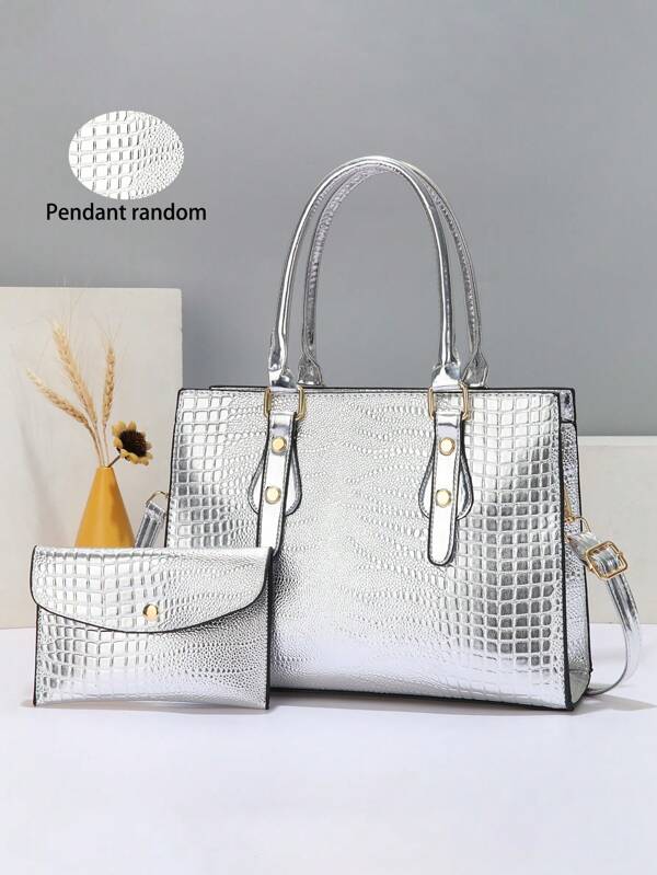 2pcs Women Shiny Leather Handbag Set, Large Capacity Crocodile Embossed Shoulder Bag, Fashion Rivet Decor Tote Bag, Suitable For Daily And Party, Best Mother's Day Gift Idea, Mom Gift, Essential For Moms, Outdoor Mom Bag, Stylish Business Casual Ladies Bag, Suitable For Office And Work