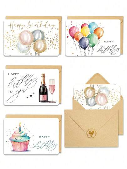 24PCS Watercolor Balloons And Birthday Cake Happy Birthday Cards With Envelopes, Happy Birthday Greeting Cards Gift Set, All Occasion Blank Notecards Bulk Set Paper Cards For Best Gift For Family, Friends, Colleagues, Suitable For Various Occasions Or Festivals, Birthday, Office Supplies, Festival Supplies Back To School, 1PC