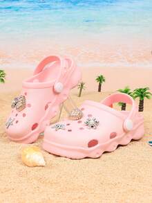 Girls' Fashion Fish Scale Pattern EVA Sandals, Slip-On Design, Heart Flower Starfish Decor, Casual Indoor/Outdoor Beach Shoes, Suitable For All Seasons