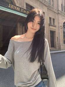 Casual Loose Off-Shoulder Long Sleeve T-Shirt, Slouchy Relaxed Fit Tops