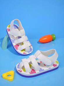 1 Pair Kids Girls Cute Foam Slippers, Heart Pattern, Fashion Versatile, Suitable For Daily Wear, Adjustable Magic Tape, Lightweight, Breathable, Non-Slip Sandals - White - View 1