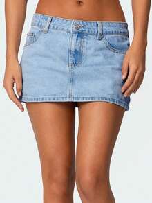 Women Light Blue Washed Casual Simple Denim Mini Skirt - Light Wash - View 2