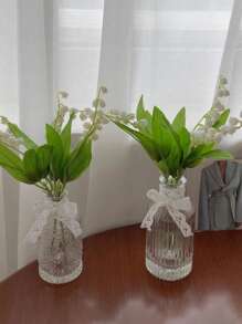 مجموعة مكونة من 2 قطعة (زهرة الليلي الاصطناعية + إناء زجاجي)، إناء زجاجي شفاف عتيق، إناء زهور صغير بلوري للديكور، إناء زهور قصير ذو فم صغير عتيق، مناسب كقطعة مركزية لحفل الزفاف، ديكور طاولة، مجموعة زهور اصطناعية لديكور المنزل، إناء ديكور لغرفة الزفاف