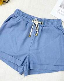 Women's Short Linen Shorts With Elastic Waistband - Blue - View 2