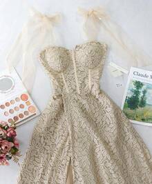 Maxi Vestido Tul Mujer Corset Encaje Bordado Premium Importación Abertura copas & zipper Dama Vestido largo de lujo Coctel de noche Fiesta - Camel - Ver 2