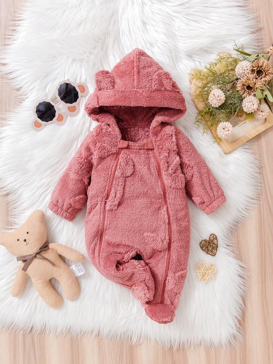 1pc Baby Girl Fleece Hooded Footed Romper, Front Zip Closure Long Sleeve Jumpsuit, Comfortable And Warm Daily Outfit For Newborn