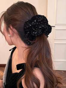 1pc Large Black Hair Scrunchie With Vintage Red Sequins, Hair Tie And Hair Accessories For High-End Feel Scrunchies Scrunchy Hair Ties Ponytail Head Accessories Elastic Band Hair Rubber Bands - 1 Item - View 3