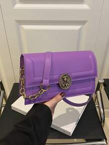 复古纯色金属锁扣翻盖腋下女士单肩包，设计简约 - 紫色 - 查看 1