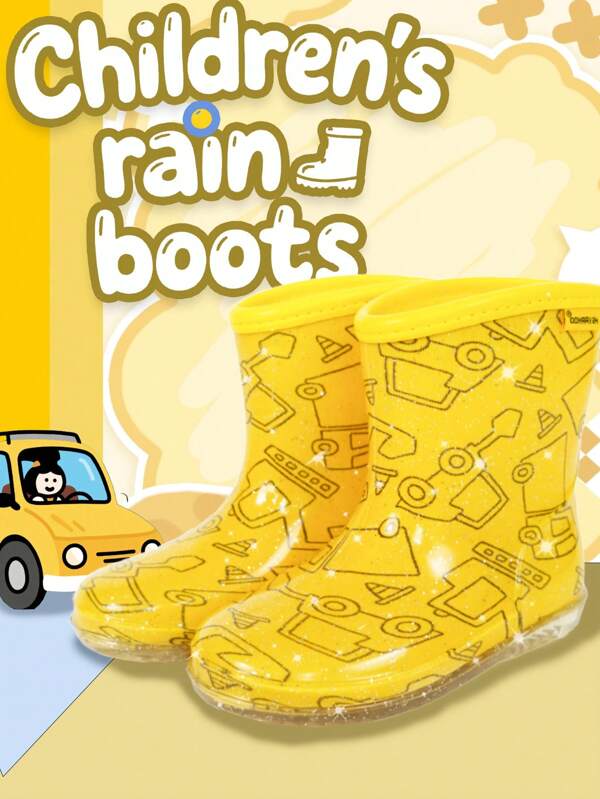 1 Pair Of Baby Waterproof Rain Boots, Yellow Transportation Pattern Shoes, Soft And Comfortable, Easy To Wash, Suitable For Outdoor Activities.