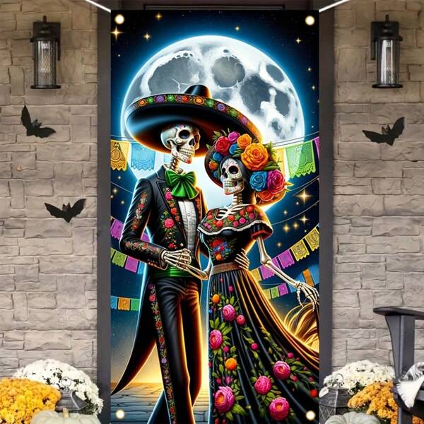 HEGO Day Of The Dead Porch Banner - 1pc, Polyester Multipurpose Festive Decoration, Skeleton Couple With Sugar Skull Design For Home Decor, No Electricity Needed, Ideal Gift For Halloween