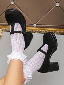 Sapatos Mary Jane vintage plus size femininos, novos sapatos sociais de salto grosso, estilo primavera/outono, simples, com salto baixo, de camurça preta e tiras, adequados para uso diário, trabalho, festas e ocasiões formais - Preto - Ver 2