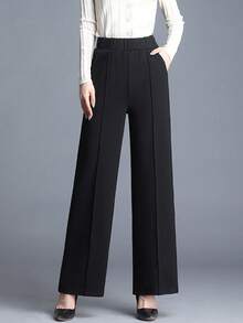 2 piezas Pantalones de mujer de unicolor con bolsillos elegantes y elásticos de cintura alta, aptos para el trabajo y la oficina, para uso diario, todo el año