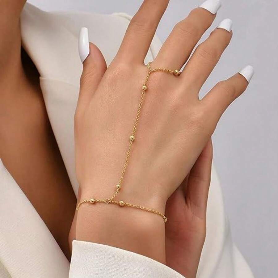 Gold Silver Hand Chain Bracelet For Women, Ring Bracelet Hand Chain Dainty Finger Ring Bracelet Gold Silver Hand Jewelry For Women - 金色 - 查看 1