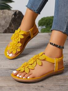 Plus Size Women's Elegant Sandals, Yellow Floral Decor, Fairy Tale Style For Summer, Open Toe Design, Fabric Upper And Lining, Non-Slip Outsole, Microfiber Insole,Flip Flops - Yellow - View 4