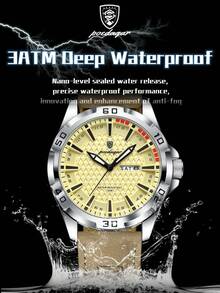 POEDAGAR 1件男士奢华防水夜光PU皮革石英腕表，男士运动日期星期显示腕表，休闲男士腕表，适合日常佩戴，男士礼物 - 均碼 - 查看 5