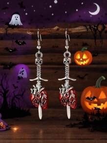 1 对复古剑穿心吊坠耳环，哥特式夸张骷髅耳环，适合万圣节派对 - 紅色 - 查看 3