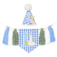 [INS Style Big Goose Theme] 1 Year Old Baby Birthday Party Decorations - Wooden Bead Tassel Garland + Cute Blue Birthday Hat, Boho Style 1st Birthday Party Props, Baby Photo Shoot Background Decor