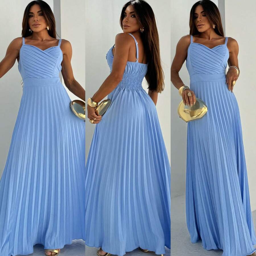 Elegant Pleated Dress With Adjustable Straps And Sweetheart Neckline, Elegant For Party And Wedding - 淺藍色 - 查看 1