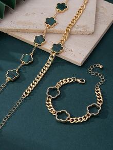 3件套女士水钻装饰粗链绿色四叶草串饰手链 - 綠色 - 查看 2