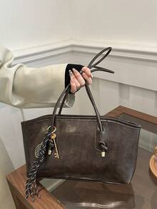 1个咖啡棕色绗缝拉链PU纯色保龄球包，大容量手提包，新款时尚复古风单肩包，适合女性日常使用，秋冬季，复古包