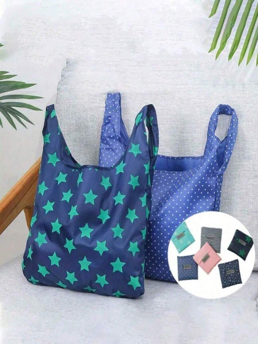 1 个/3 个可折叠购物袋 - 大容量海军蓝和绿色星星图案，耐用涤纶材质，可重复使用，适用于超市、户外和厨房储存，便携式多功能设计，结构坚固，适合市场购物