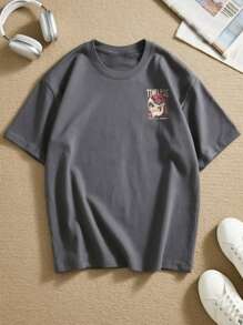 男孩和青少年时尚骷髅头和标语图案印花圆领短袖 T 恤，休闲日常和户外服装