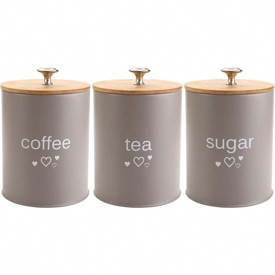 Fasmov Set Of 3 Kitchen Canister Set, Coffee, Sugar, And Tea Storage Container Jars With Lids Storing Sugar, Coffee And Tea, Gray