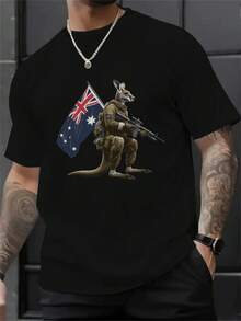 Men's Australian Flag And Soldier Pattern Printed Short Sleeve T-Shirt - Breathable Cotton Casual Style, Suitable For Spring And Summer Outdoor Activities, Regular Fit - Black - View 1