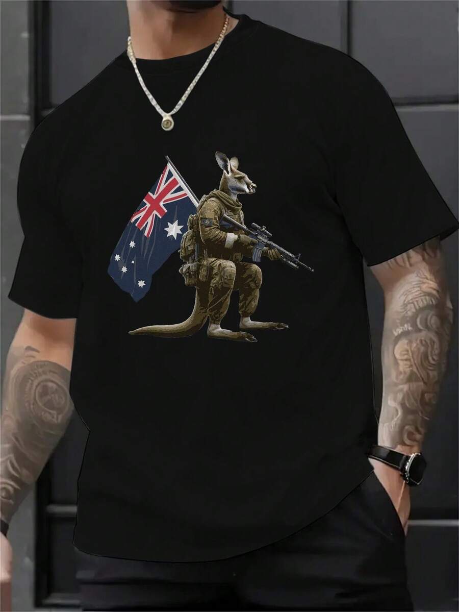 Men's Australian Flag And Soldier Pattern Printed Short Sleeve T-Shirt - Breathable Cotton Casual Style, Suitable For Spring And Summer Outdoor Activities, Regular Fit - Black - View 1