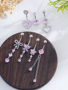 7 PCS Pink Butterfly, Flower, Heart Shaped Stainless Steel Navel Rings, Piercing Jewelry Suitable For Daily Wear - Belly ring - View 2