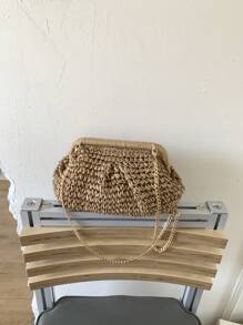 Bolso cruzado de mujer de verano de paja trenzada con borla y cadena, bolso de playa tejido con correa para el hombro, cartera hecha a mano, 1 bolso de embrague de paja trenzada de color beige claro para mujer, bolsas de playa, artículos esenciales para vacaciones, perfecta opción para damas de moda, ideal para el verano.
