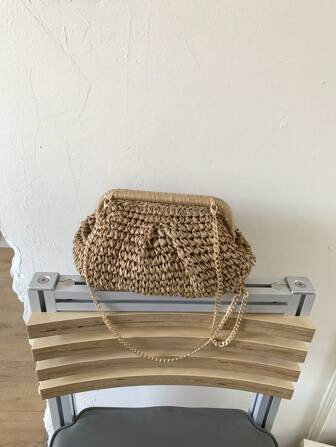Women's Summer Straw Braided Crossbody Bag With Tassel Chain,Shoulder Straps Woven Beach Handbag Handmade Wallet Purse,1 Light Beige Straw Woven Clutch Bag For Women,Beach Bags,Holiday Essentials,Perfect For Summer Vacation, Ideal Choice For Fashionable Ladies