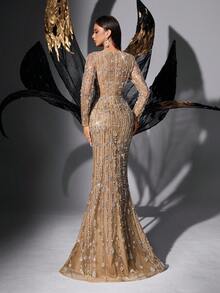 Glamorous Sequin Embellished Deep V-Neck Long Sleeve Formal Dress - Champagne - View 3