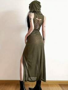 Women's Wasteland Style Hooded Dress - Split Tie Slim Fit, American Hot Girl Style Street Photo Cos Shoot Slim Midi Dress - 軍綠色 - 查看 2