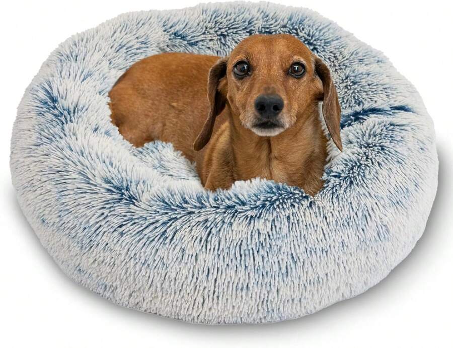 Original Calming Donut Dog And Cat Bed, Shag Faux Fur, Denim Blue, Small (23x23) - Helps Provide Anxiety Relief For Pets,10123607 - 藍色 - 查看 1
