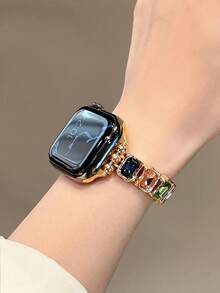 1pc Compatible With Apple Watch Band, Women's Fashion Colorful Square Glass Diamond Metal Elastic Cord Strap, Compatible With Apple Watch 38/40/41/42/44/45/46/49mm, Compatible With Apple Watch Ultra/SE/10/9/8/7/6/5/4/3/2/1 Series, Lightweight And Stylish, Suitable For Daily Life And Summer Beach Wear - Gold - View 9