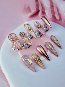 十片奢华复古纯手工美甲贴片，夏季假指甲，按压式假指甲，Y2K法式美甲，哥特朋克风，可重复使用，女士礼物，适合女孩和女士日常佩戴，派对美甲用品，手工按压式假指甲 - 彩色 - 查看 3