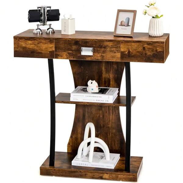 COSTWAY Wooden Console Table with Drawers & Metal Frame & 2 Shelves Hallway Table Narrow Side Table with Tilt Protection for Entrance Area and Living Room (Vintage)