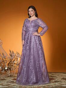 Đầm dạ hội dài tay cổ tròn thêu ren tương phản đính cườm, chất liệu da cao cấp, hàng mới về dành cho nữ, thích hợp cho ngày Valentine. - Bụi hồng - Xem 4