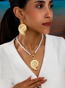 3pcs/Set Vintage Ocean Style Snail Shell Pendant Pearl Necklace & Earrings Set, Fashionable & Elegant For Vacation, Party And Daily Wear