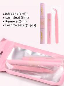四合一睫毛胶水/定型液、卸妆液、镊子套装，防水，10毫升睫毛胶水/定型液，5毫升卸妆液，适用于睫毛胶水、簇状假睫毛，防水睫毛胶水/定型液，48-72小时强力定型，单根簇状假睫毛 - 粉色 - 查看 2