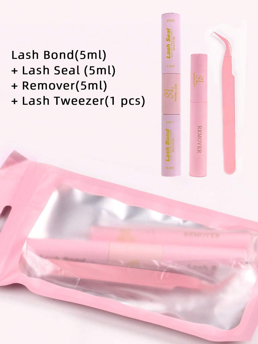 四合一睫毛胶水/定型液、卸妆液、镊子套装，防水，10毫升睫毛胶水/定型液，5毫升卸妆液，适用于睫毛胶水、簇状假睫毛，防水睫毛胶水/定型液，48-72小时强力定型，单根簇状假睫毛
