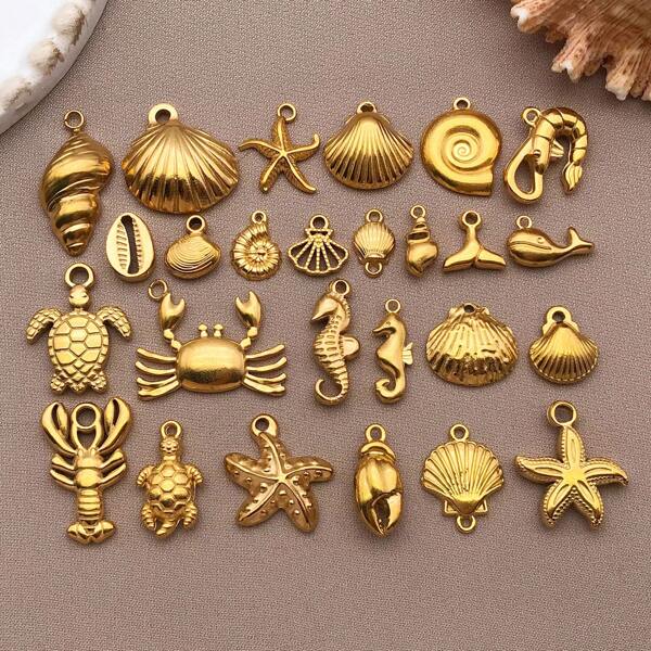 2pcs Stainless Steel Sea Animal Charm Golden 0cean Starfish Shell Dolphin Turtle Charm Summer Beach Metal Pendants For Hawaii Jewelry Making Findings